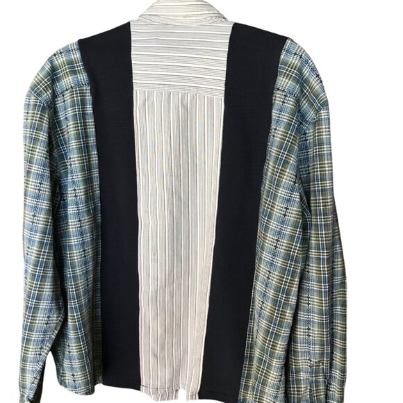 Mixed Prints Button-Down Shirt, Size L to XL: Upcycled Unisex Patchwork Boho Top - Picture 14 of 15